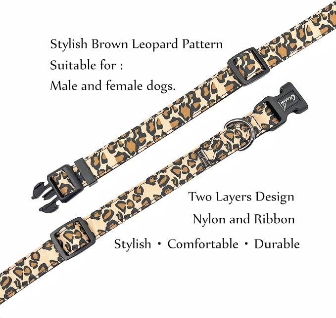 Dog Collar Leash Set, Leopard Pattern, Nylon Webbing Plus Cotton Ribbon, 5ft Matching Leash, for Small Dogs.(S, Brown Leopard)