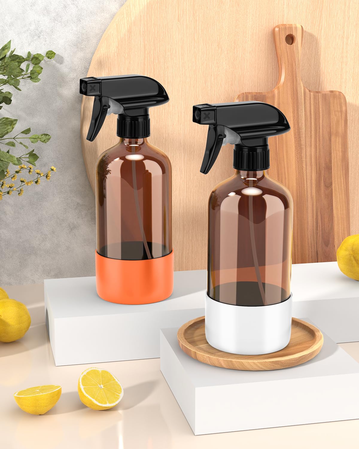 Bontip Glass Spray Bottle with Silicone Sleeve Protection, Amber Glass Spray Bottle Set for Window Cleaner Aromatherapy Facial Hydration Watering Flowers Hair Care 2 Pack/16 oz (White & Orange, 16 oz)