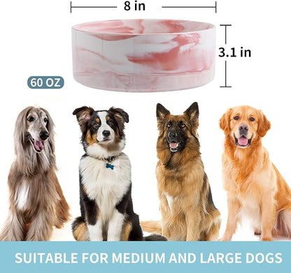 Raised/Elevated Ceramic Dog Bowl for Medium Large Sized Breeds,Large Dog Food Water Bowl with Stand,8 in Non Slip Heavy Weighted 1800ml/ 7.6 Cups/60 OZ Marble Pink