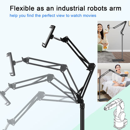 Tablet Floor Stand with 6LB Weight, Overhead Bed phone Stand Angle Height Adjustable Arm Stretchable Stand Holder, Compatible with iPhone iPad Mini Air Pro, Galaxy Tab, Kindle, E-Readers,all Phones