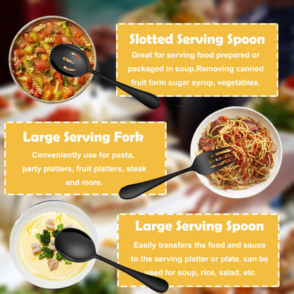 IAXSEE 6 PCS Stainless Steel Serving Utensils, Large Serving Spoons Slotted Spoons, Forks, Ice Suger Tongs, Cake Server, Soup Ladle, Metal Utensils Set Great for Buffet Catering Banquet Party, Black