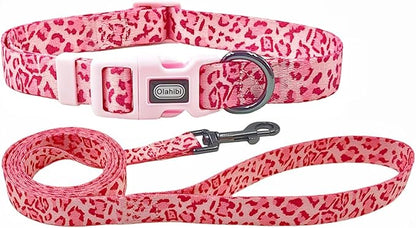 Dog Collar Leash Set, Leopard Pattern, Polyester Material, Adjustable Collar and 5ft Matching Leash, for Large Dogs.(L, Pink Leopard)