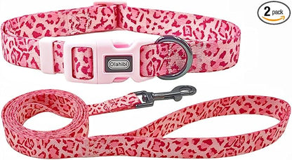 Dog Collar Leash Set, Leopard Pattern, Polyester Material, Adjustable Collar and 5ft Matching Leash, for Medium Dogs.(M, Pink Leopard)