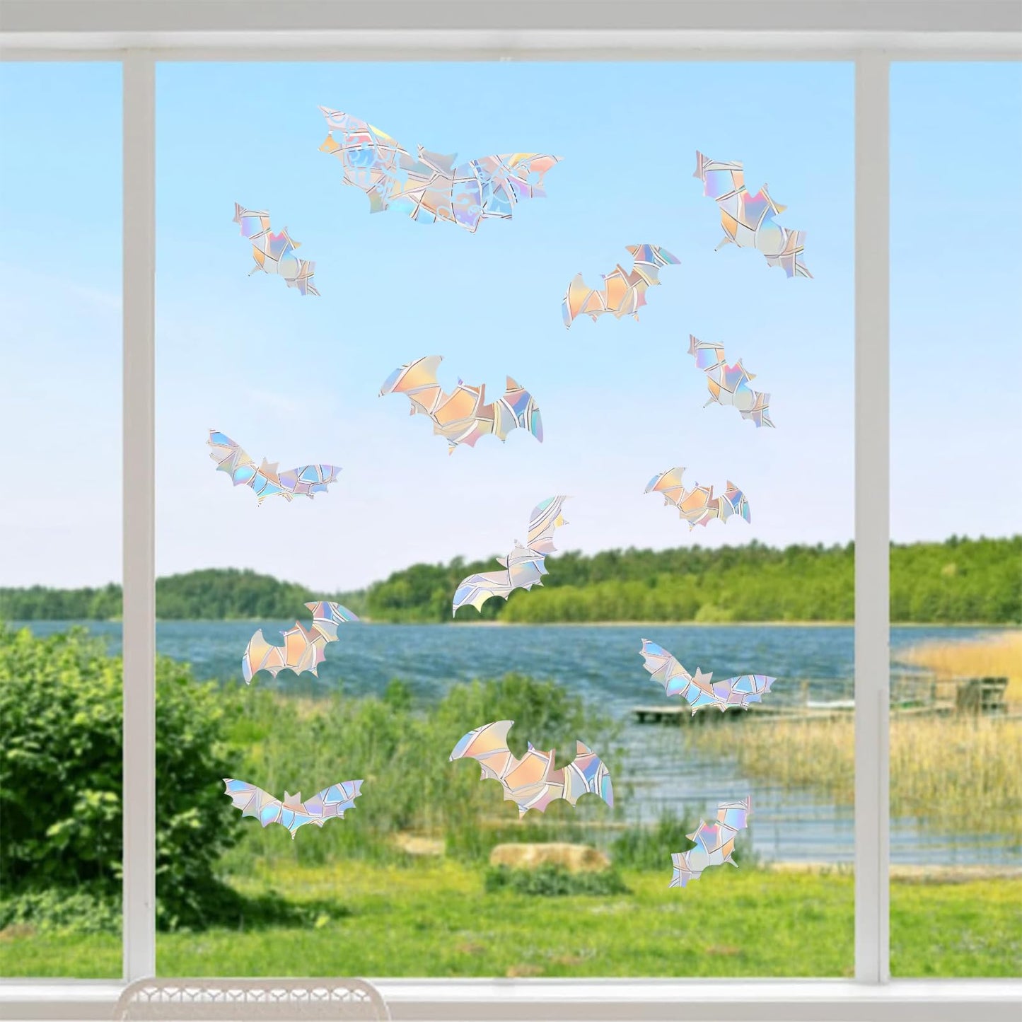 Shawula 15PCS Bat Window Clings - Anti-Collision Decals to Save Birds from Collisions,Non Adhesive Prismatic Vinyl Clings, Rainbow Stickers