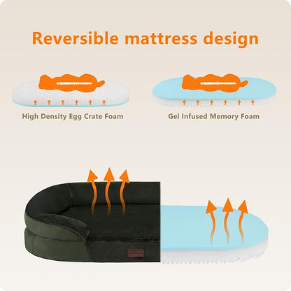 Dwanton Orthopedic Dog Bed for Medium Dogs with Gel Memory Foam, Waterproof Dog Sofa, Washable Pet Bed with Four Sided Bolster Cushion, Removable Cover & Non-Slip Bottom, 28", Green