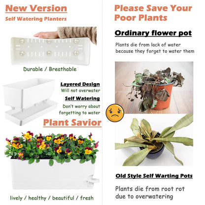2 Pack Self Watering Pots for Indoor Plants 17 Inches Window Boxes Planters Rectangular Flower Pots Rectangle Herb Pots Large Plant Pots with Drainage Holes and Saucers Windowsill Planter, White