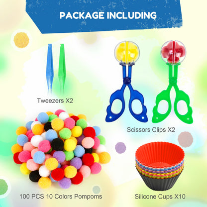 iCraftine 114 PCS Fine Motor Skills Sensory Bin Filler Includes 10 Sorting Bowls, 100 Pom Poms, 2 Tweezers, 2 Scooper Scissors for Kids Early Education, Counting Sorting Training Development