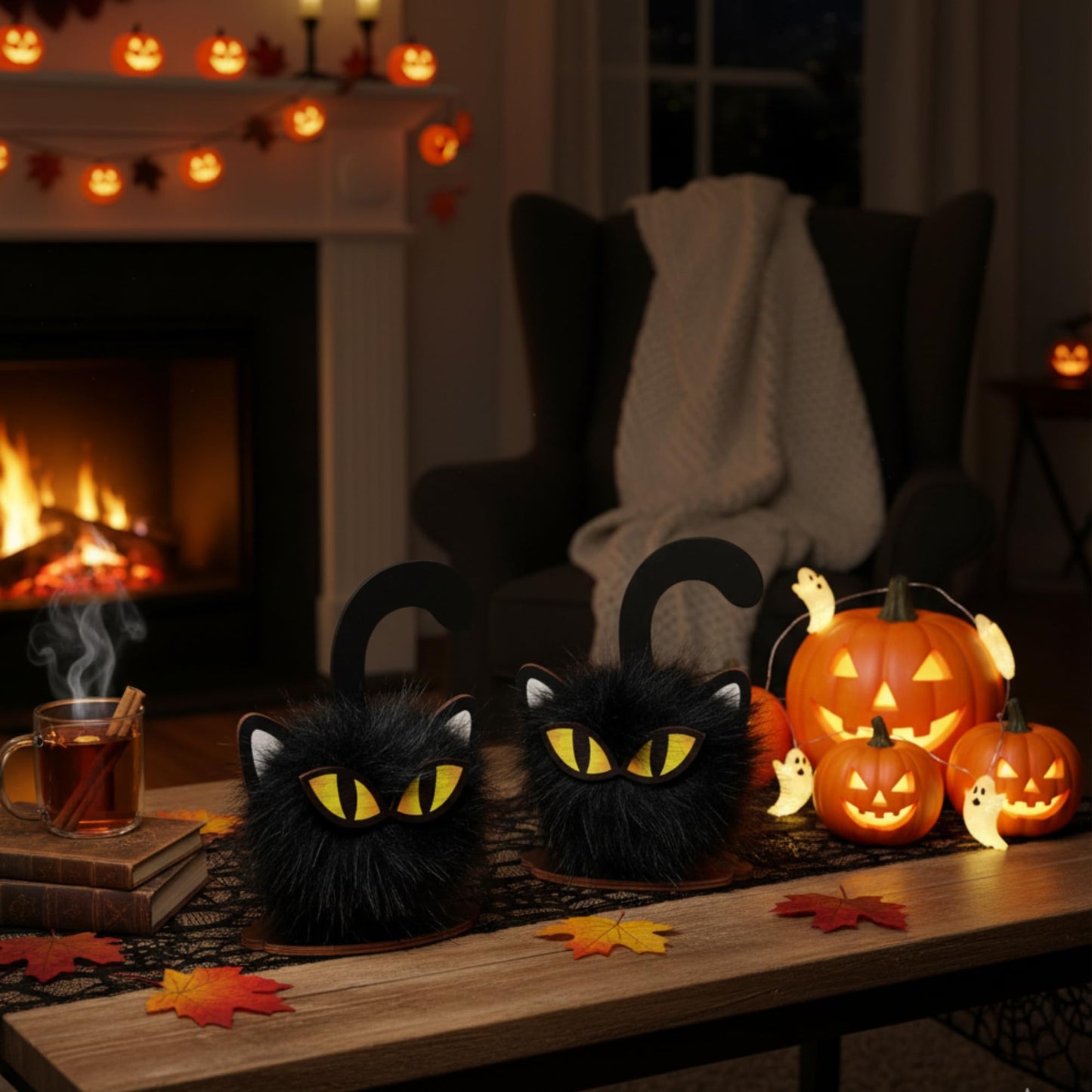 HH Family Halloween Table Decor Black Cat 2 Pack, Rustic Wooden Decorations for Tabletop Tiered Tray Shelf or Mantel