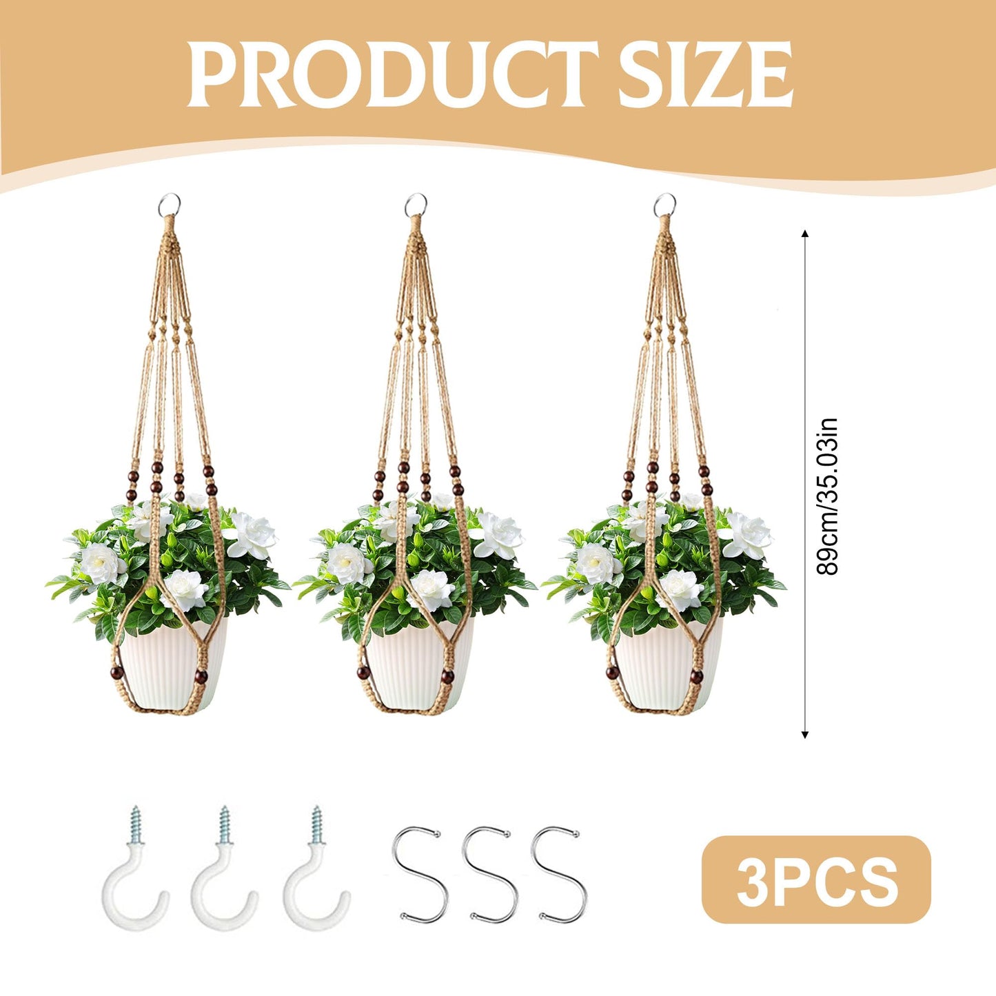 3Pcs Macrame Plant Hangers Indoor 35Inch Brown Hemp Rope Plant Hanger Hanging Plant Holders Hanging Planter Basket Flower Pot Holder with S Hooks and Hook Nails, Crochet Home Decor Plant Hanger