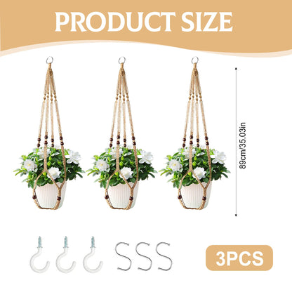 3Pcs Macrame Plant Hangers Indoor 35Inch Brown Hemp Rope Plant Hanger Hanging Plant Holders Hanging Planter Basket Flower Pot Holder with S Hooks and Hook Nails, Crochet Home Decor Plant Hanger