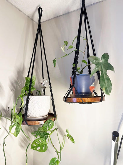 Shineloha 2 Pack Macrame Plant Hanger | Plant Hanger Indoor, Hanging Planter Shelf | Hanging Planter (Black) (1 Large + 1 Medium)