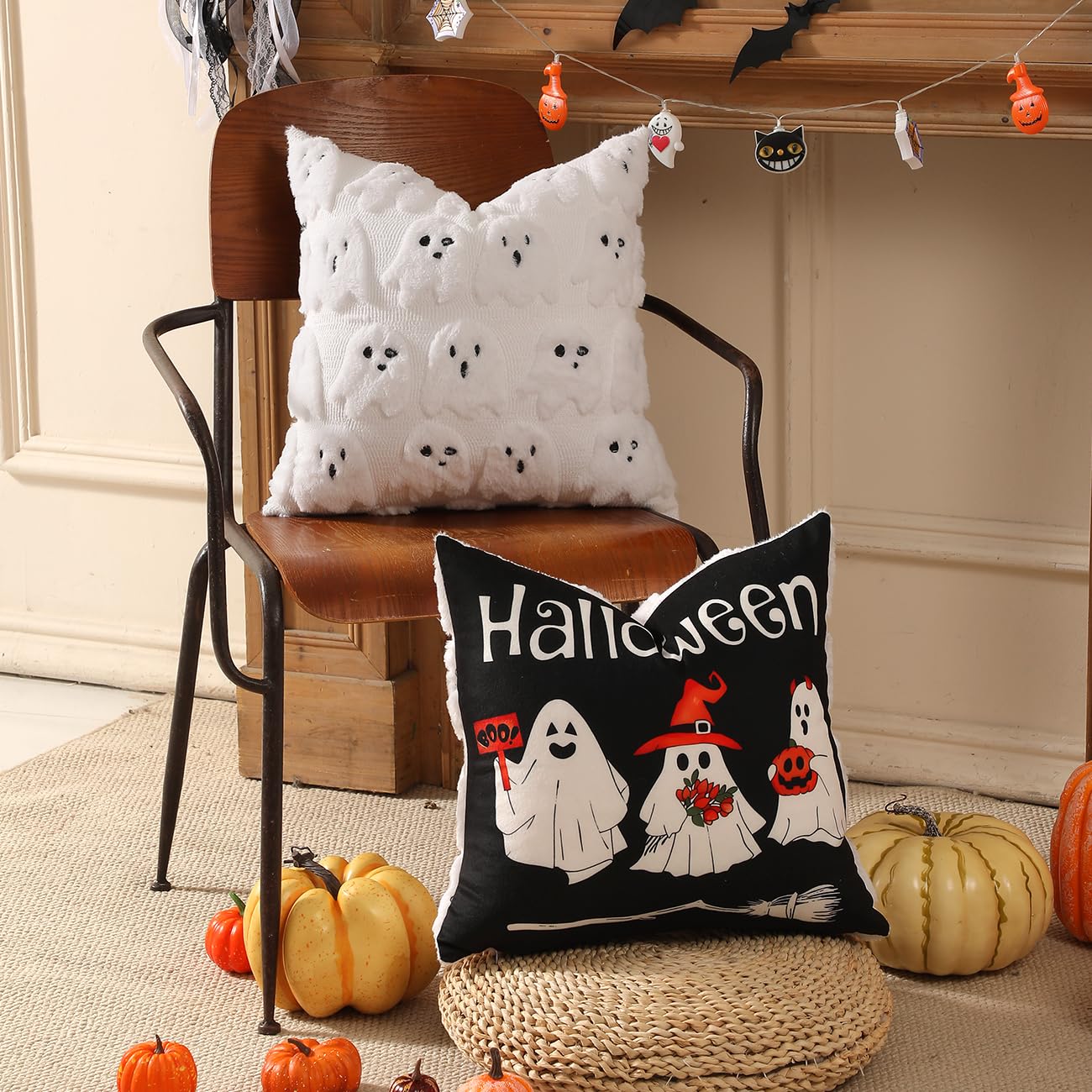 TOYPOPOR Halloween Decorations, 2 Packs Double Sided Ghost Pillow Covers, Soft Faux Fur Throw Pillow Cases, Indoor Outdoor Couch Cushion Case for Fall Autumn Bedroom Living Room Home Decor 18''x18''