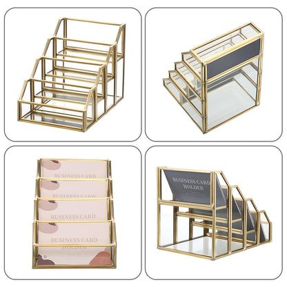 Hipiwe 4 Slots Glass Business Card Holder for Desktop, Gold Mirrored Business Card Display Stand, Multiple Clear Business Name Card Organizer Holder for Office Exhibition