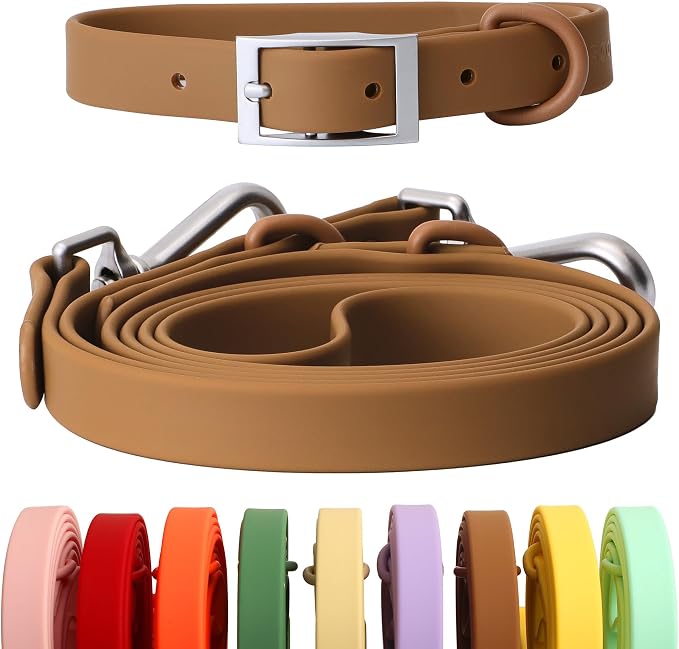 Dog Collar and Leash Set, Durable Waterproof Dog Leashes Collars, 5 Length Setting Adjustable Dog Collars for Large Medium Small Dogs (Brown, XS)
