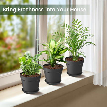 SwinDuck 10 Pack 6 Inch Plant Pots with Drainage and Saucers, Black Plastic Flower Pots for Indoor and Outdoor Plants, Stackable Nursery Planters for Houseplants and Herbs, Black
