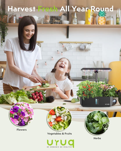 URUQ Hydroponics Growing System Garden: 12 Pods Indoor Gardening System with Custom Time Grow Light Height Adjustable Quiet Plants Germination Kit - Gardening Gifts Charcoal