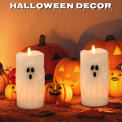 Eldnacele Spooky Ghost Halloween Flameless Candles Battery Operated with Remote & Timer Set of 2 LED Flickering Pillar Candles White Real Wax 3D Wick Long Lasting Home Indoor Decor (3" D x 6.5" H)