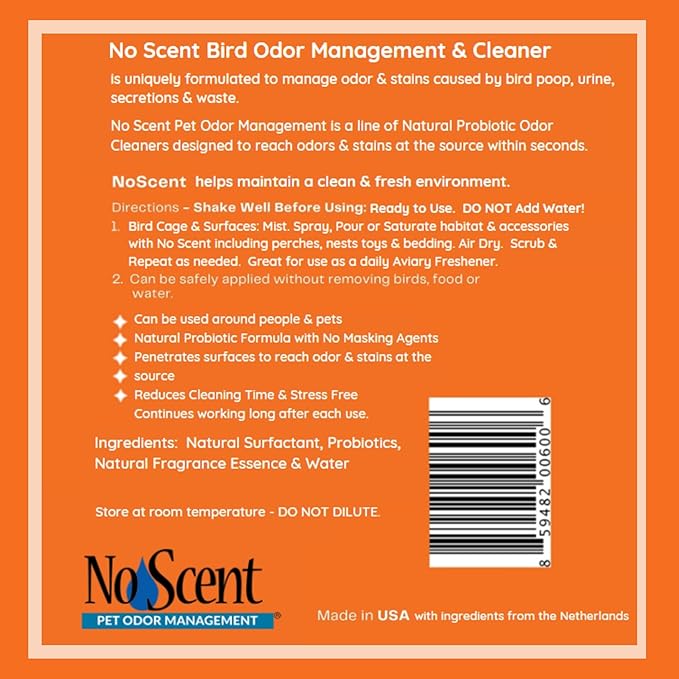 No Scent Bird Cage Cleaner Spray & Pet Odor Management, Natural Aviary Freshener (32 Fl Oz / 946 mL)
