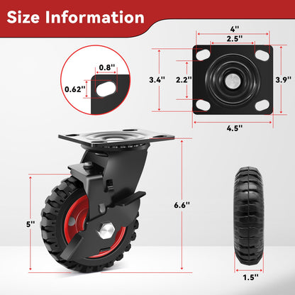 Nefish 5 Inch Heavy Duty Casters Set of 4, Solid Rubber Outdoor Casters Wheels, Industrial Grade Rubber Castors with Knobby Tread for Cart, Wagon and Chicken Coop (2 Brake & 2 Rigid)