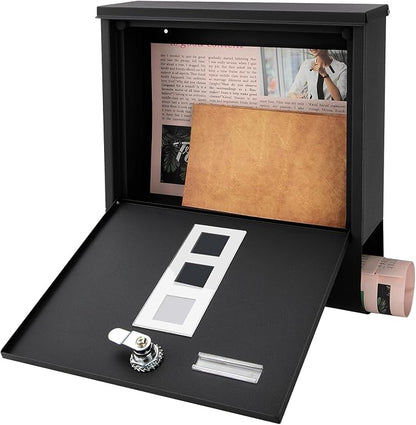 Jssmst Locking Mailbox Wall Mount, Black Mailboxes with Secure Key Lock and Newspaper Compartment, Key Lock Drop Box Large Capacity with Galvanized Cover and Rust-Proof Metal Mailbox, HPB2210 Black