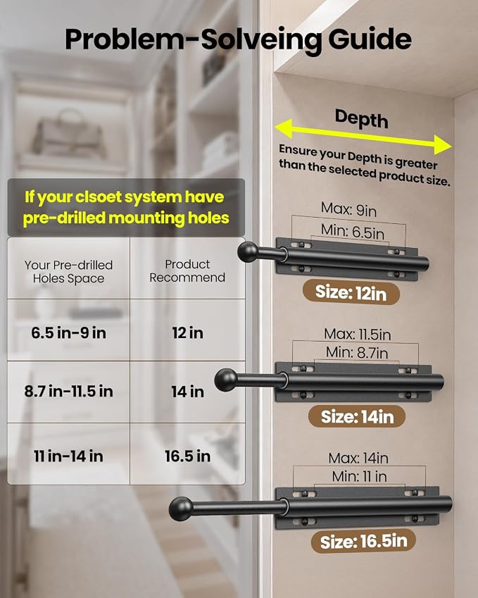 Supforce Valet Rod for Closet Pull Out, Retractable Slide Out Valet Rod Closet Organization, 12" Aluminum Valet Clothing Hanger Rods Perfect for Suits, Freshly Pressed Clothes, Black