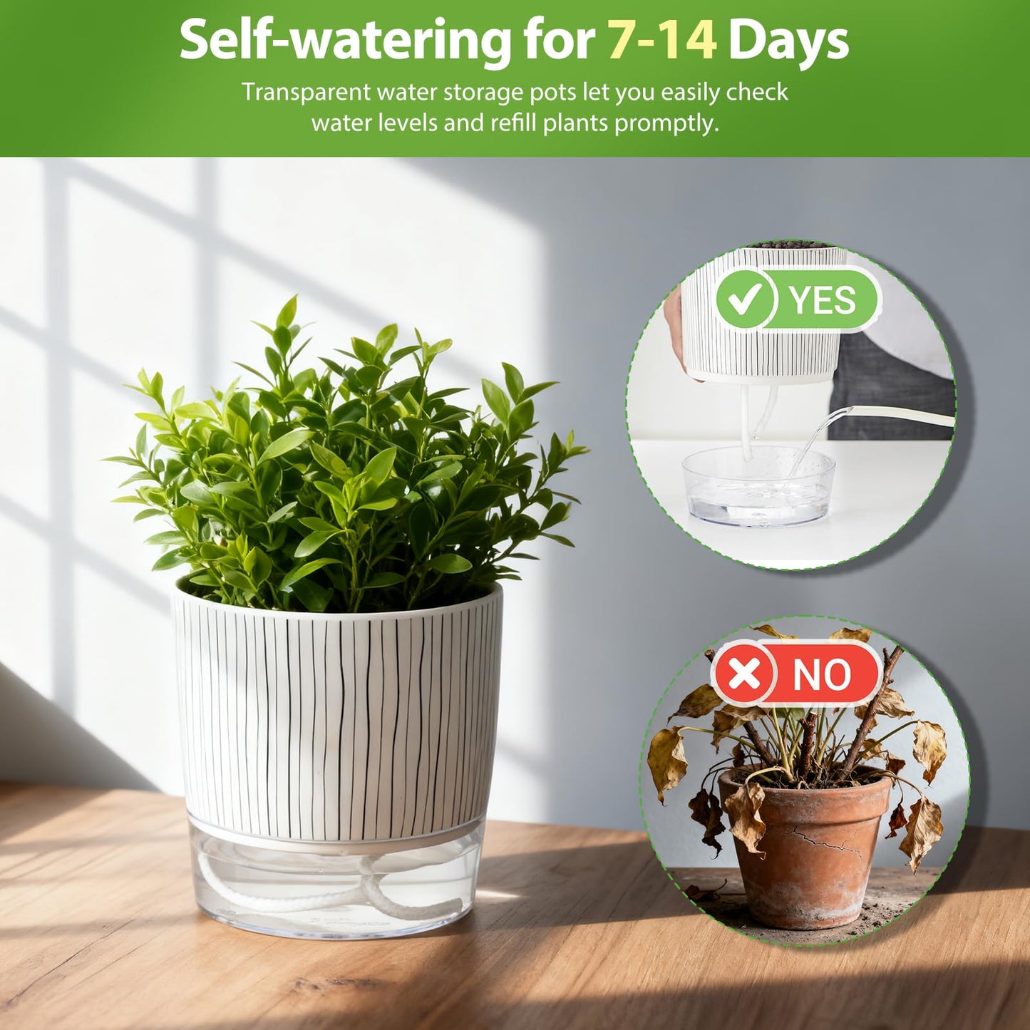 Samhe 6 Pack Self Watering Pots for Indoor Plants, 4+5.5+6.3 Inch Self Watering Plant Pots Set, Flower Pots with Wick Rope and Reservoir for African Violet, Spider Plant, Orchid