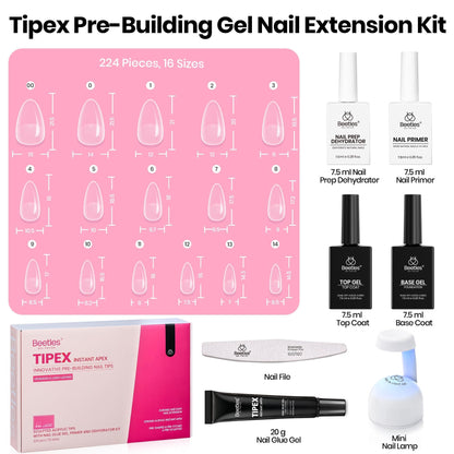 Beetles Tipex Instant Apex Nail Tips Kit, Coffin Long 224Pcs 16 Sizes Pre-Building & Pre-Etched Thicker Acrylic Nails False Nail Extension with Tipex Nail Glue Mini Nail Lamp