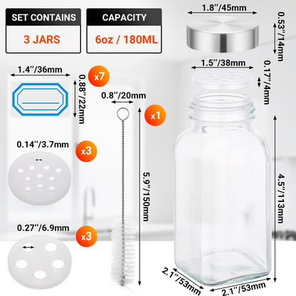 Segarty 6oz Spices Bottle with Stainless Steel Shaker Lids, 3 PCS 180ml Square Spice Containers, Empty Seasoning Organizer for Salt Pepper Sugar Herb Storage, Large Glass Jars with 7 Stickers, 1 Brush