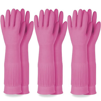 DABOGOSA Mamison 2 Pairs Reusable Waterproof Household Dishwashing Cleaning Rubber Gloves, Non-Slip Kitchen Glove (Pink, XL (Pack of 3))