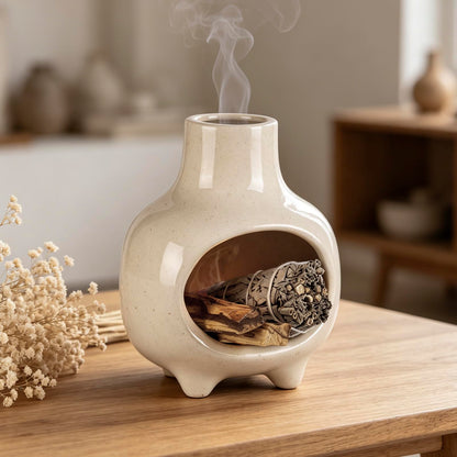Ceramic Palo Santo Holder Burner with Chimney, Handcrafted Smudge Bowl Ash Catcher for Sage, Incense Cones & Candles, Palo Santo Sticks, for Home, Yoga, Meditation & Spiritual Ceremony (Beige)