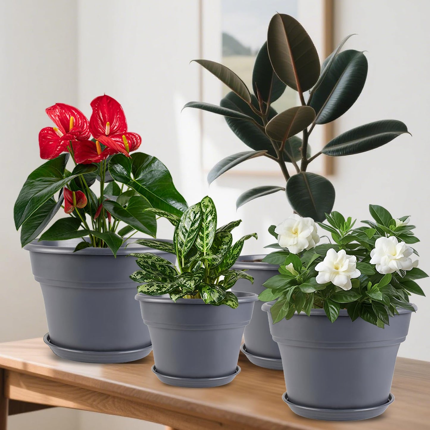Myfeegoin 13-inch-Plant-Pots, 4 Pack Large Planters for Outdoor Plants, Plastic Flower Pots Indoor with Drainage Holes & Trays, Classic Garden Pot Container for House