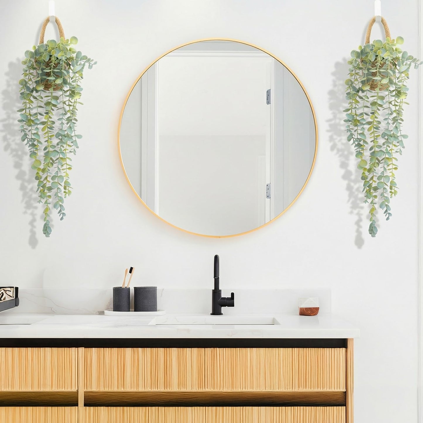 HOFMEFY Fake Hanging Plant Decor Indoor, Eucalyptus Artificial Faux Plants in Wall Woven Planters, Jute Hanger with Black Pot Soft Green 1PCS 23Inch Long