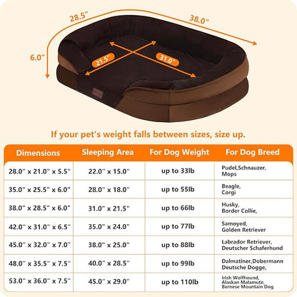 Dwanton Orthopedic Dog Bed for Large Dogs with Gel Memory Foam, Waterproof Dog Sofa, Washable Pet Bed with Four Sided Bolster Cushion, Removable Cover & Non-Slip Bottom, 38", Brown