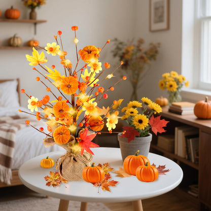 jabeick Fall Decorations for Home, 1 Pack 24 Inch Artificial Fall Pumpkin Berry Maple Leaf Tree with Lights for Tabletop Thanksgiving Autumn Harvest Indoor Decor