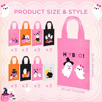 Toulite 24 Pcs Halloween Non Woven Bags with Handle Bulk Reusable Holiday Gifts Bags Ghost Pumpkin Spider Goodies Treat Candy Tote Pouch for Halloween Party Favors Wrapping Supplies, 7.9 x 9.8 Inch