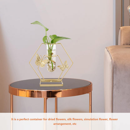 DECORNIJIA Metal Framed Glass Vase with Butterfly Pattern, Hexagonal Hydroponic Flower Pot for Desktop Decoration, Home Terrarium Plant Holder for Living Room Table