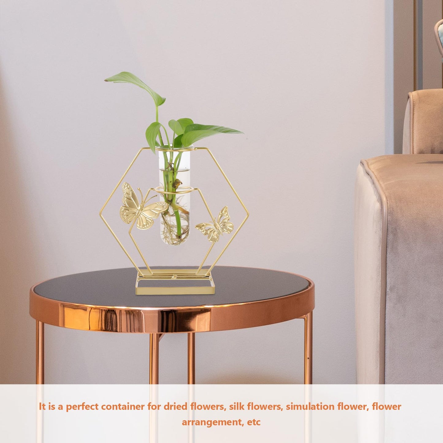 GOOHOCHY Glass Plant Terrarium Butterfly Pattern Hexagonal Vase with Metal Frame Desktop Decoration Home Flower Storage Vase for Living Room Tabletop Display