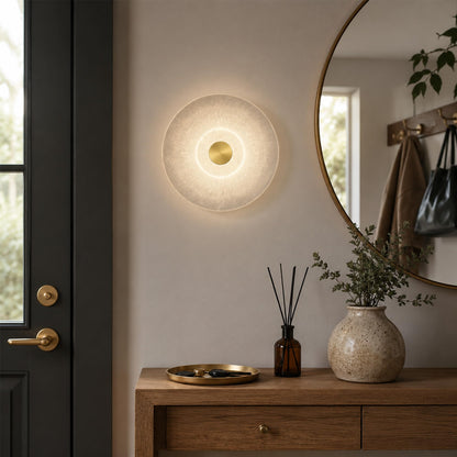Natural Spanish Alabaster Wall Sconce, Modern Round Marble Wall Light with Unique Veins, Mid-Century Minimalist Stone Wall Lamp for Bedroom, Living Room, Hallway, Alabaster Light Fixture (Brass)