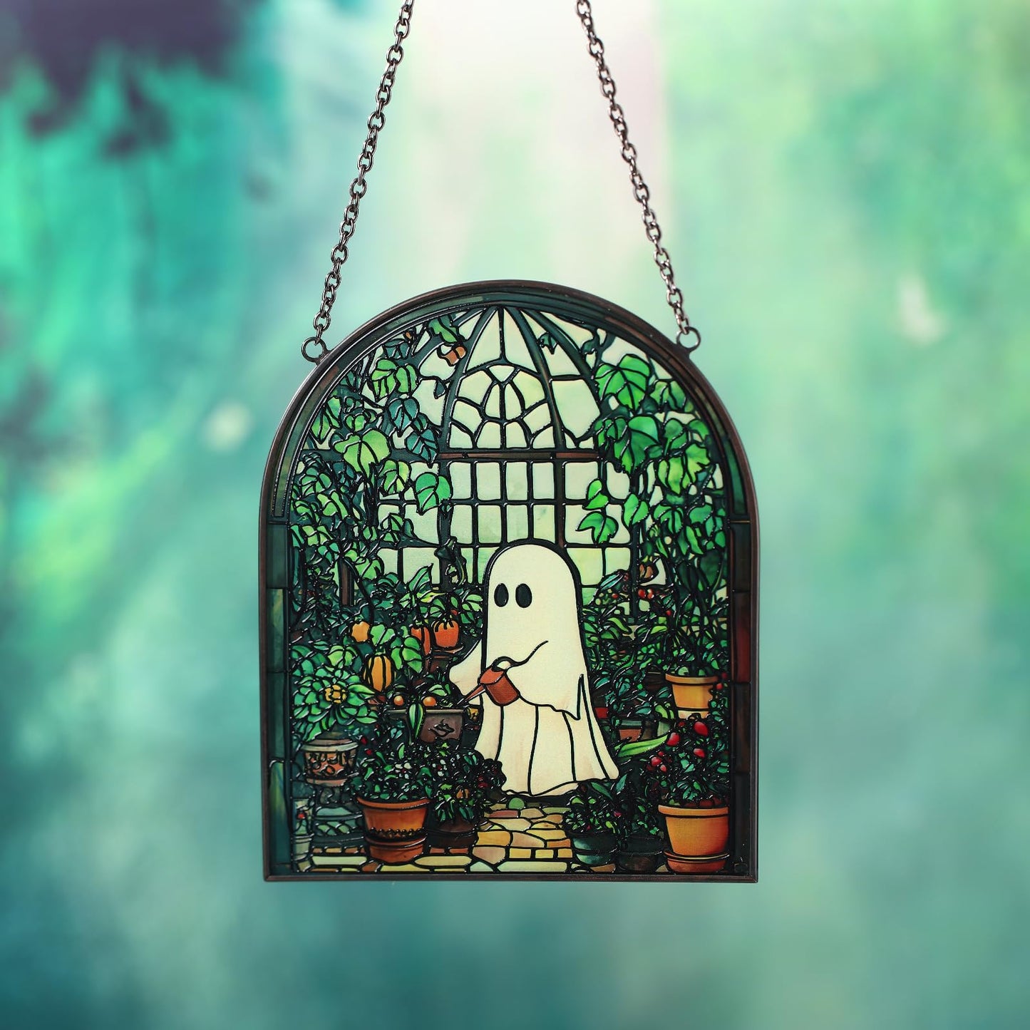 Colingmill Ghost Plant Suncatcher Cute Ghost Greenhouse Suncatcher Ornament Halloween Stained Glass Light Catcher, Halloween Garden Window Family Art Wall Decor, Plant Lovers Gift for Mom