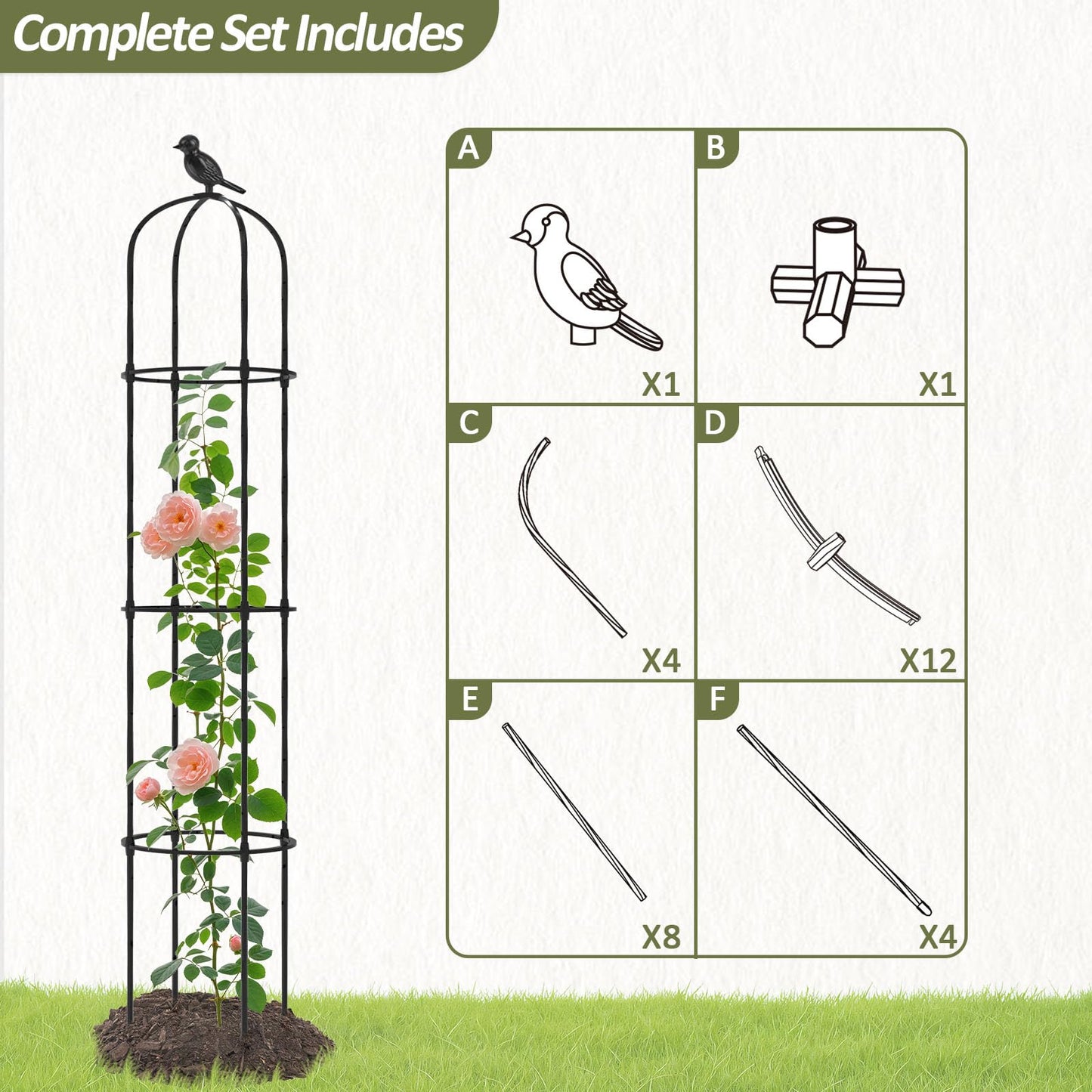 Trellume Garden Obelisk Trellis for Climbing Plants Outdoor - 69"(H), Rustproof Trellis with Adjustable Rings, Metal Plant Support for Potted Vines, Garden Trellis Use for Outdoor or Indoor(1 Pack)