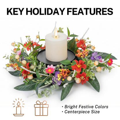 MOYEE Summer Candle Holder Centerpieces for Tables,Candle Ring, Black Metal Candlestick with an Artificial Wreath 14 in Versatile Dining Table Centrepiece (Red Flower Green Leaf Wreath)