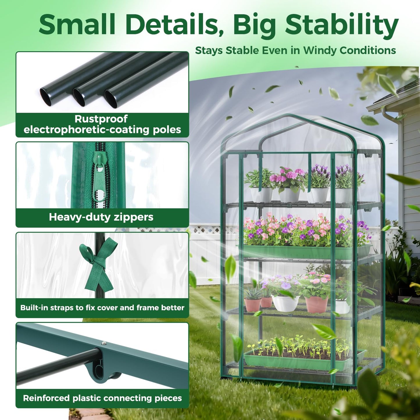Ohuhu Mini Greenhouse for Indoor Outdoor with Wheel, Small Plastic Plant Green House 4-Tier Rack Stand Portable Greenhouses with Durable PVC Cover for Seedling