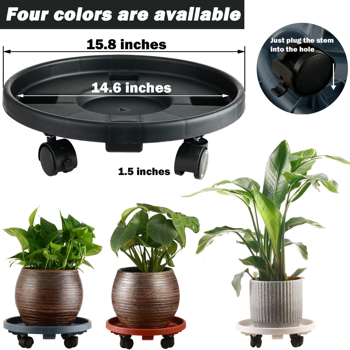 3 Pakcs Large Plant Caddy with Wheels 15.8" Rolling Plant Stands Heavy-duty Plastic Plant Roller Base Pot Movers Plant Saucer on Wheels Indoor Outdoor Plant Dolly with Caster Tray Coaster, Black