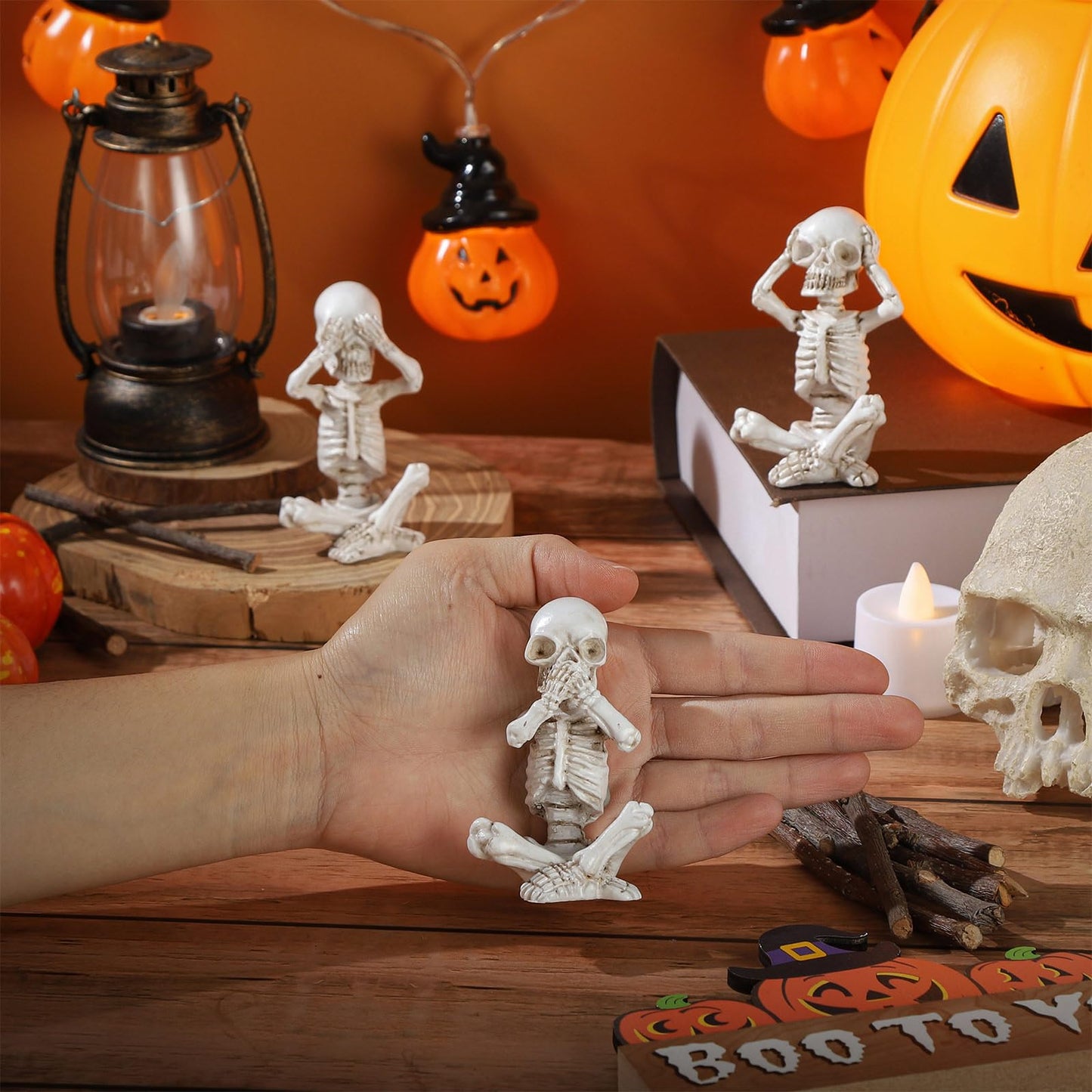 IBWell Set of 3 Mini Skeletons Statue “Hear See Speak No Evil” Sitting Skulls Figurines for Halloween Gothic Small Resin Skeletal Creepy Spooky Sculpture Home Decoration