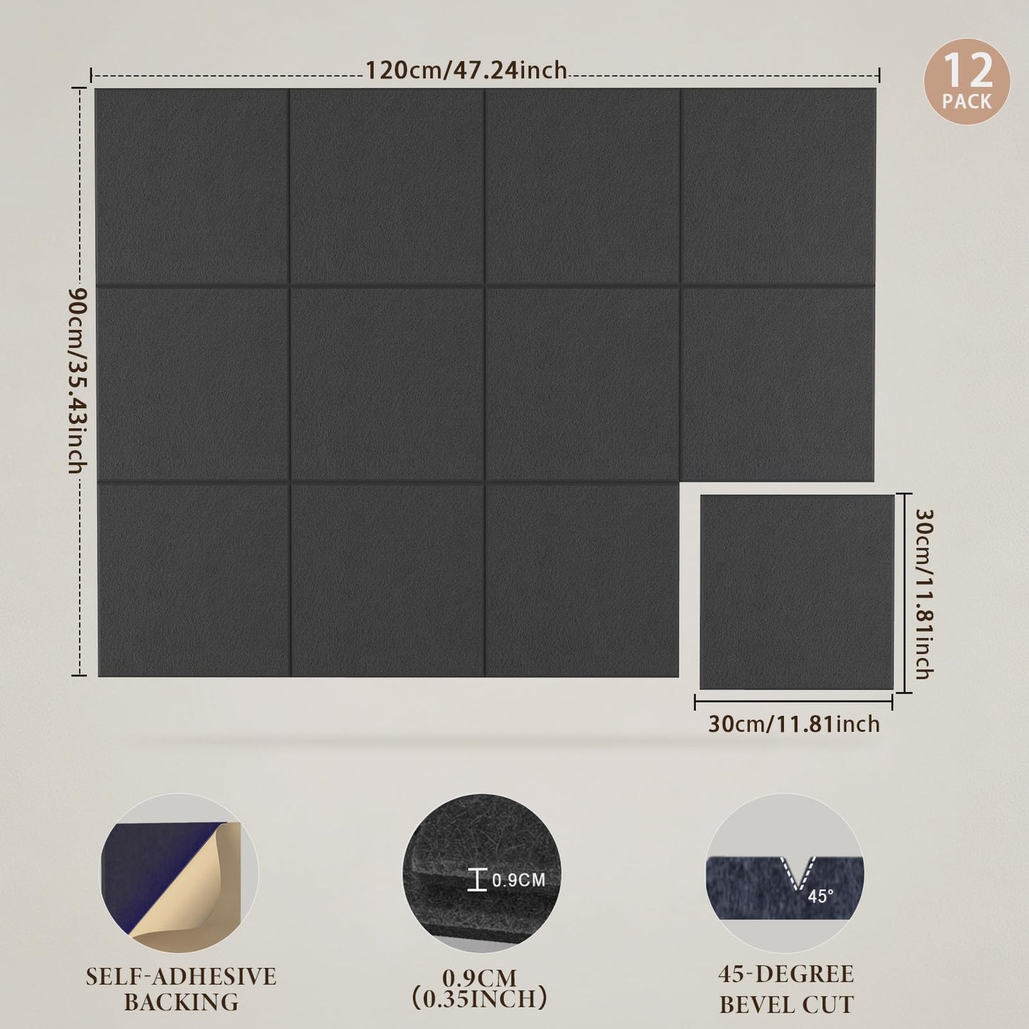 JBER Large Felt Bulletin Board 48"x36" - 12 Pack Felt Wall Tiles, Cork Board Alternative to Use in Office & Home Decor, Classroom Decor, Vision Board to Display Your Photos(Black)