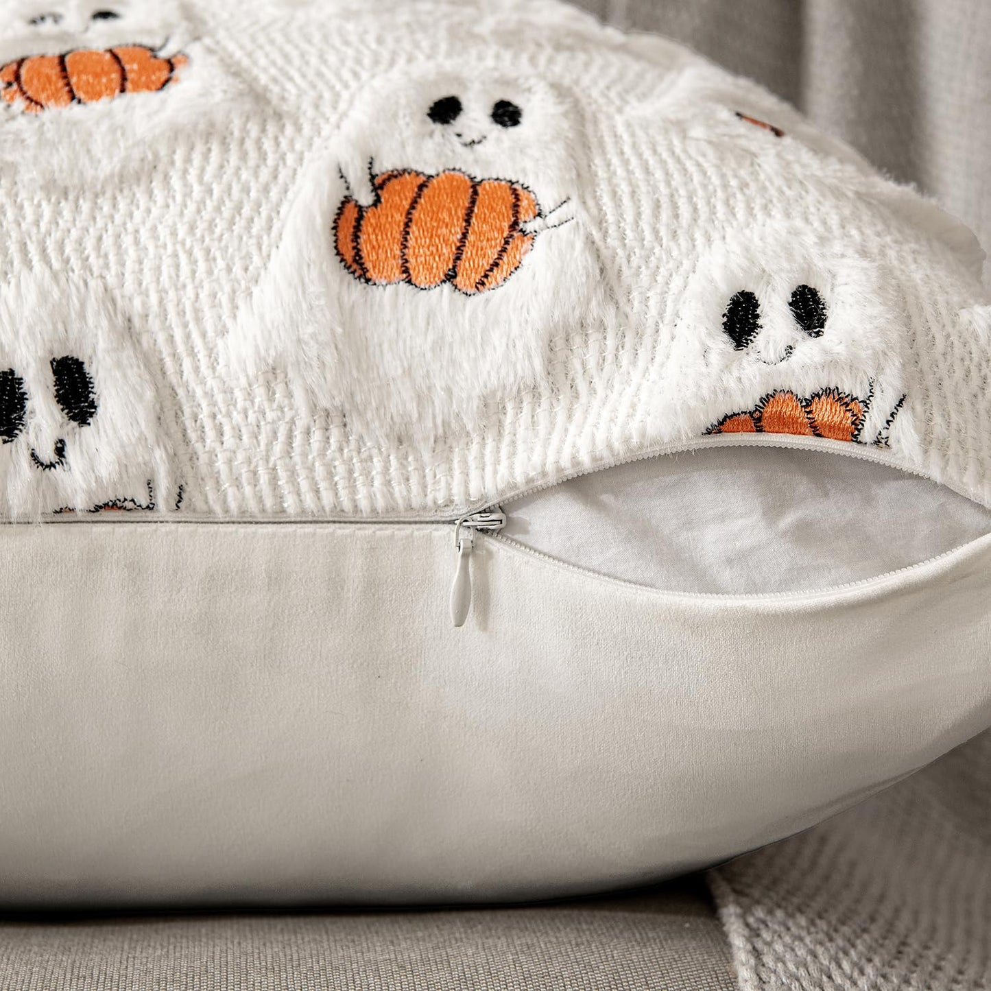 MIULEE Halloween Pillow Covers Decorative Fall Cute Ghost Plush Faux Fur Pillows 18x18 Inch Set of 2 Soft Pumpkin Accents for Sofa Couch Bed Living Room Festive Home Decor, White Bright Orange