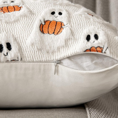 MIULEE Halloween Pillow Covers Decorative Fall Cute Ghost Plush Faux Fur Pillows 18x18 Inch Set of 2 Soft Pumpkin Accents for Sofa Couch Bed Living Room Festive Home Decor, White Bright Orange