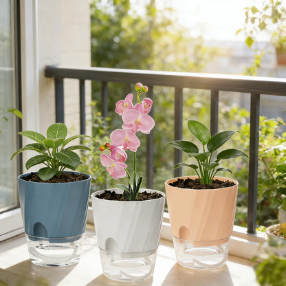 Self Watering Plant Pots 6 Inch, 3 Pack Plastic Indoor Planters with Wick Rope and Reservoir, Decorative Flower Pots for Spider Plant, Orchid, African Violet, Home Office Decor (White, Pink, Blue)
