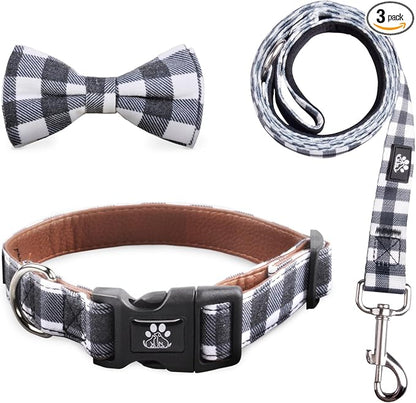 IVY&LANE Dog Collar with Bowtie and Leash Set | Plaid Adjustable Dog Collar | Detachable Bow Tie |5 FT Dog Leash | for Small Medium Large Dogs | Checkered Black | Medium