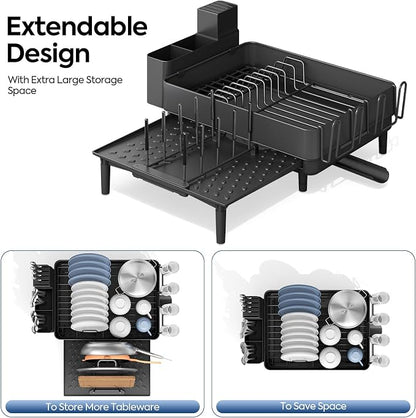 Expandable Dish Rack with Drainboard - Stainless Steel Dish Drainer with Removable Cutlery Tray, Foldable Cup Holder, Elevated Feet, Multifunctional Drainboard for Sink Countertop Kitchen Storage